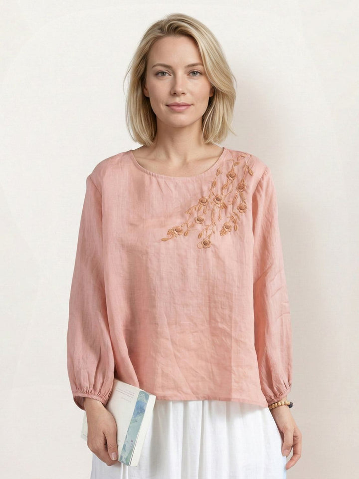 100% Cotton-Linen Embroidered Blouse