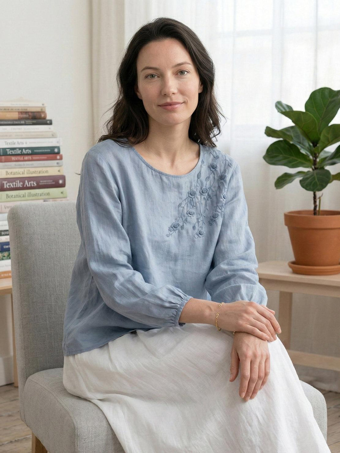100% Cotton-Linen Embroidered Blouse