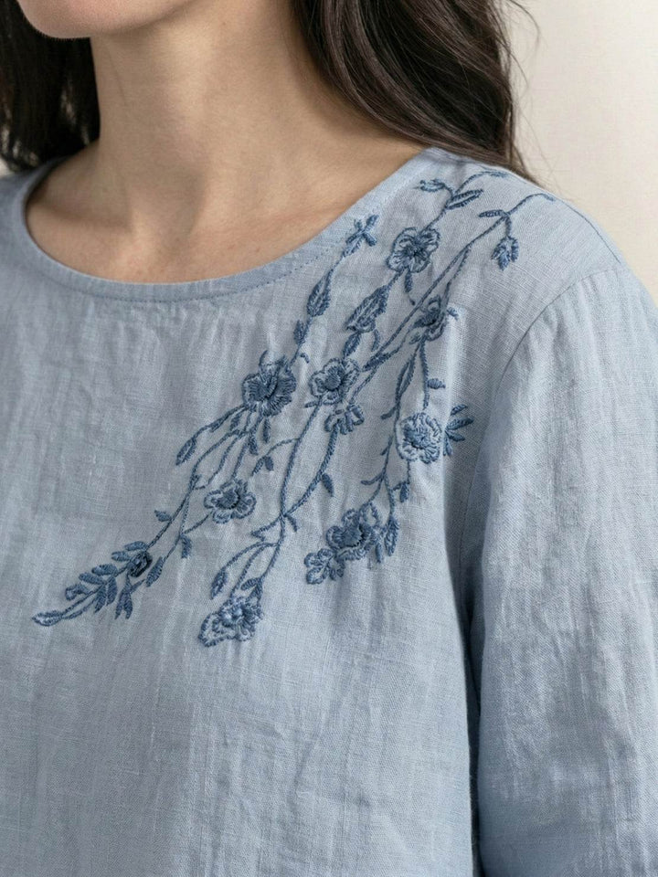 100% Cotton-Linen Embroidered Blouse