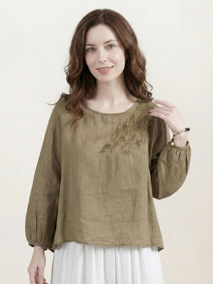 100% Cotton-Linen Embroidered Blouse