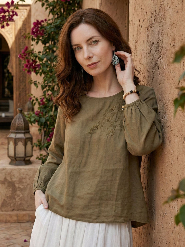 100% Cotton-Linen Embroidered Blouse