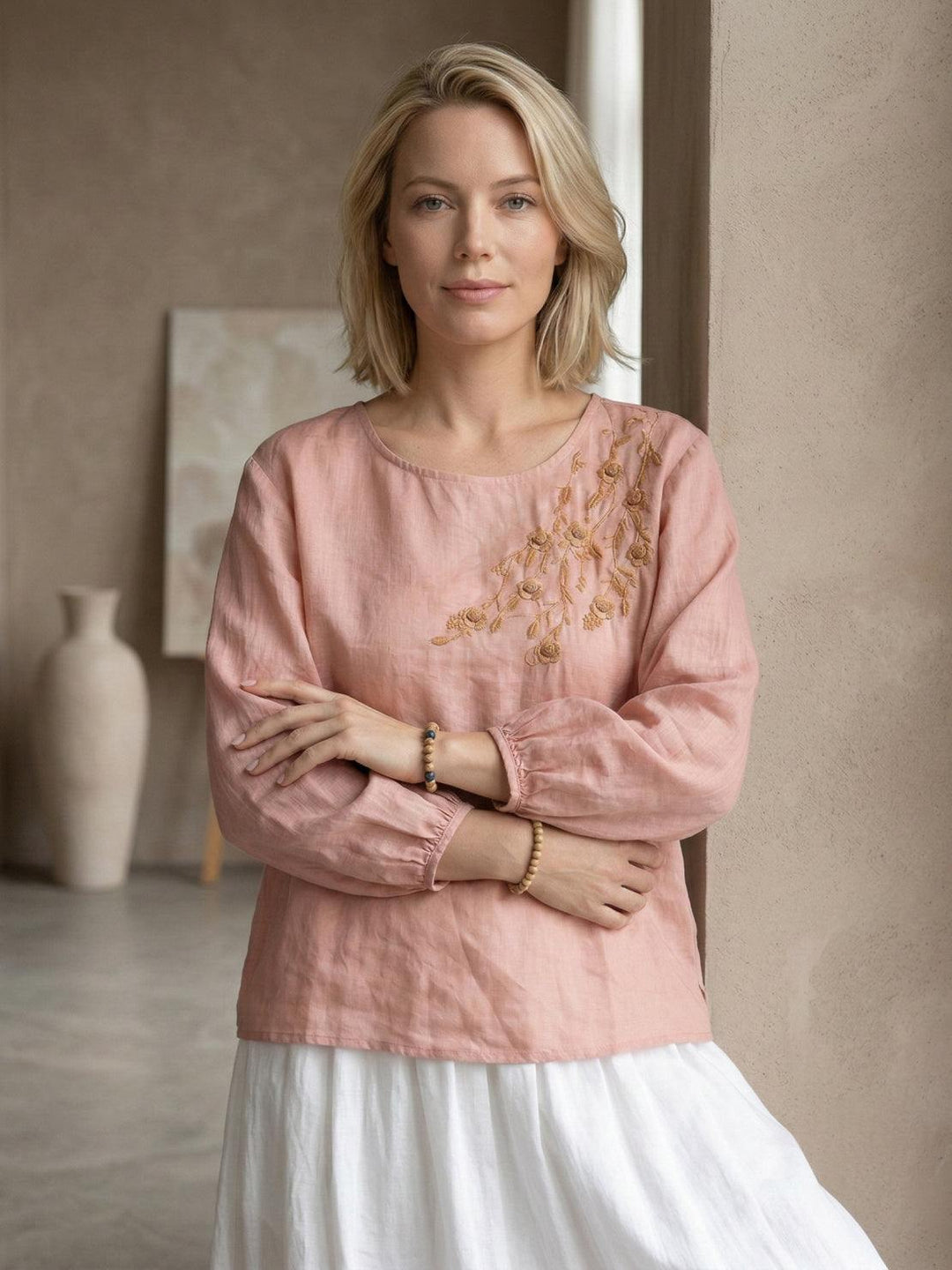 100% Cotton-Linen Embroidered Blouse