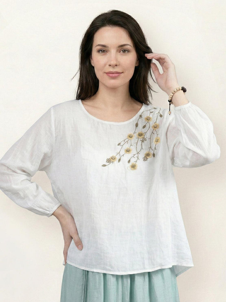 100% Cotton-Linen Embroidered Blouse
