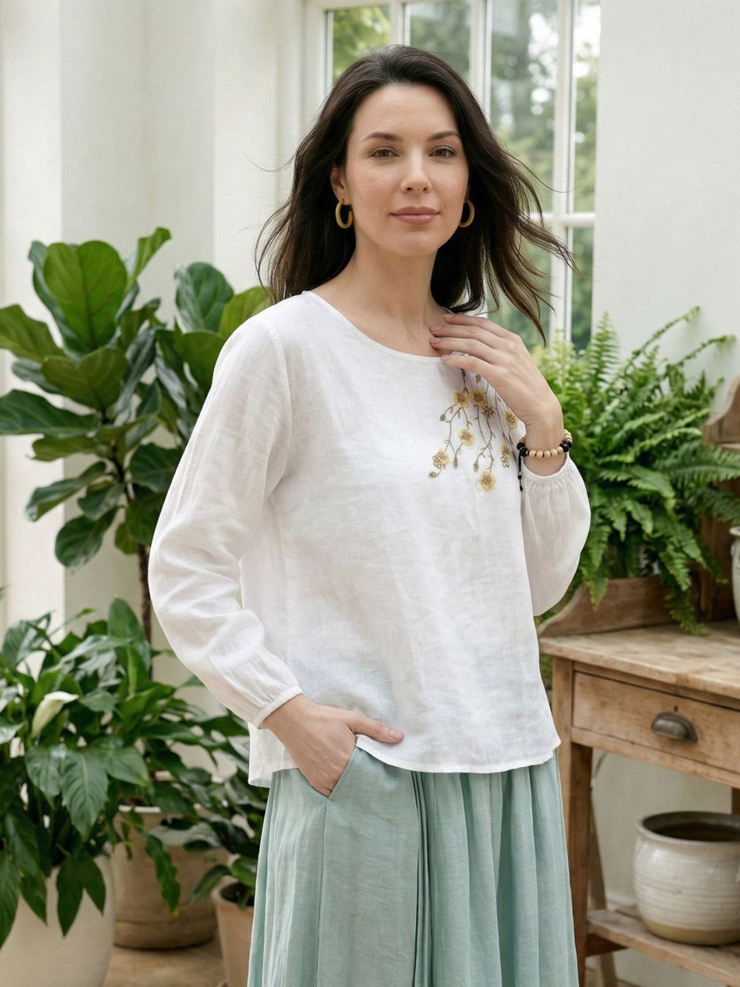 100% Cotton-Linen Embroidered Blouse