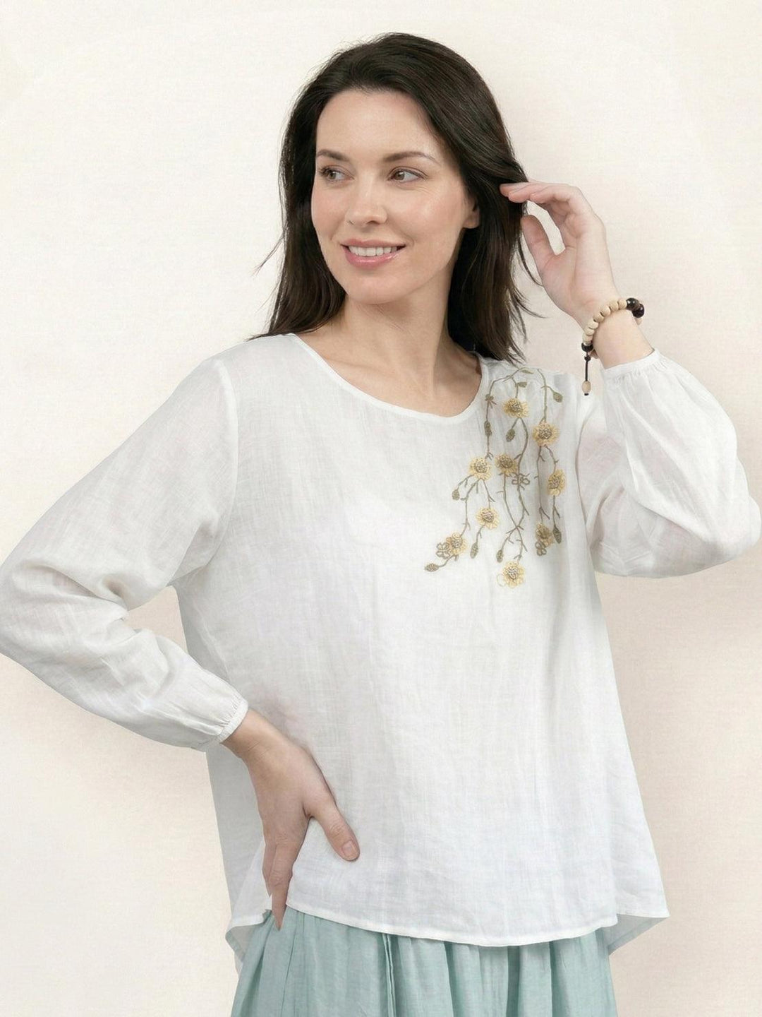 100% Cotton-Linen Embroidered Blouse