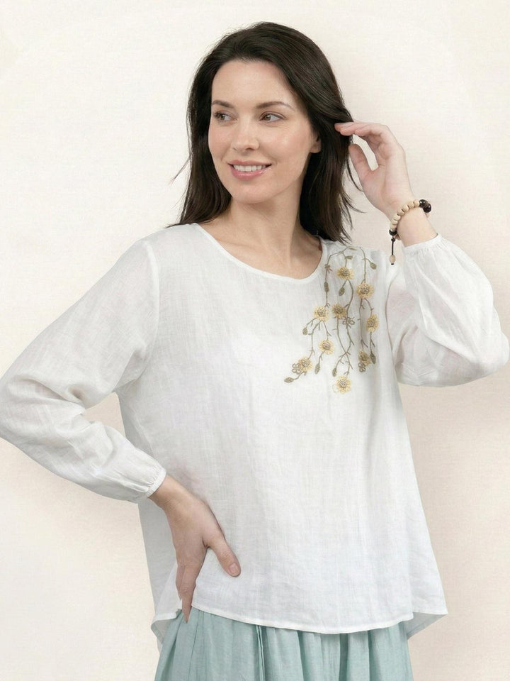 100% Cotton-Linen Embroidered Blouse