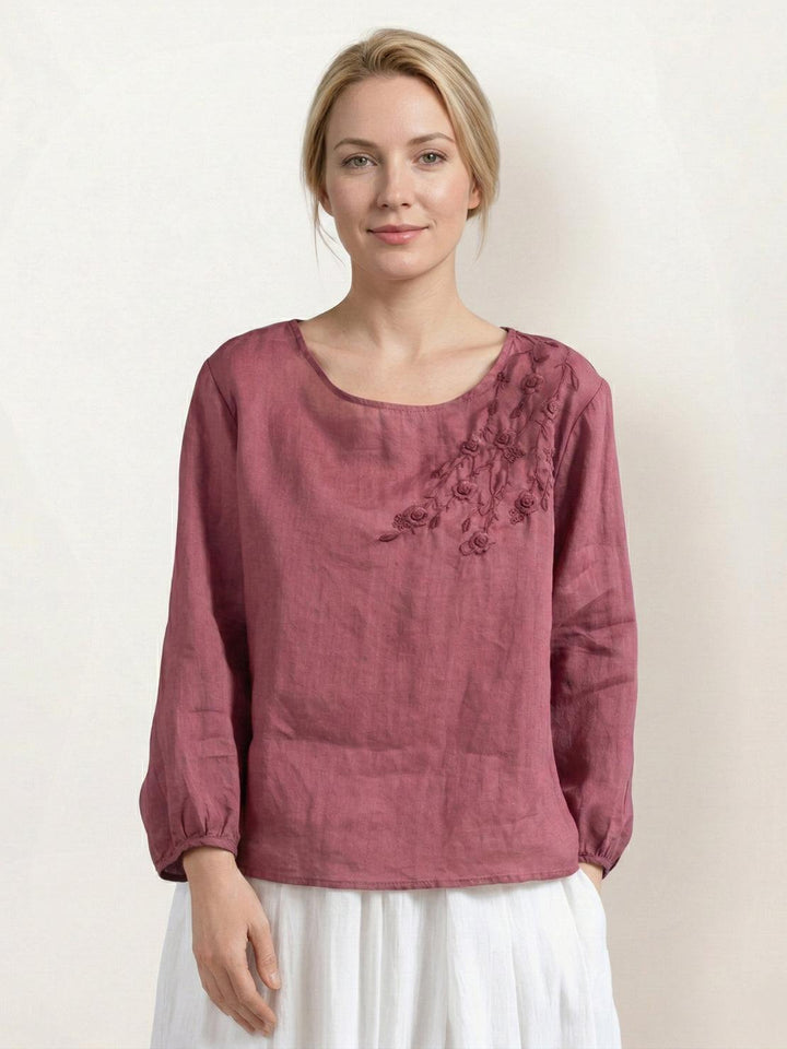 100% Cotton-Linen Embroidered Blouse