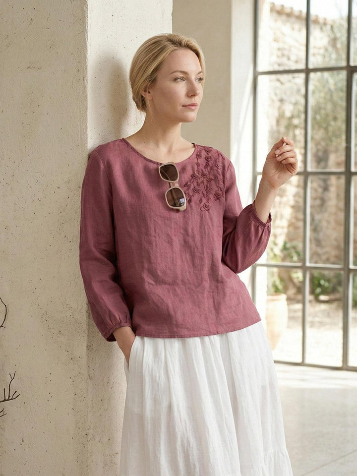100% Cotton-Linen Embroidered Blouse