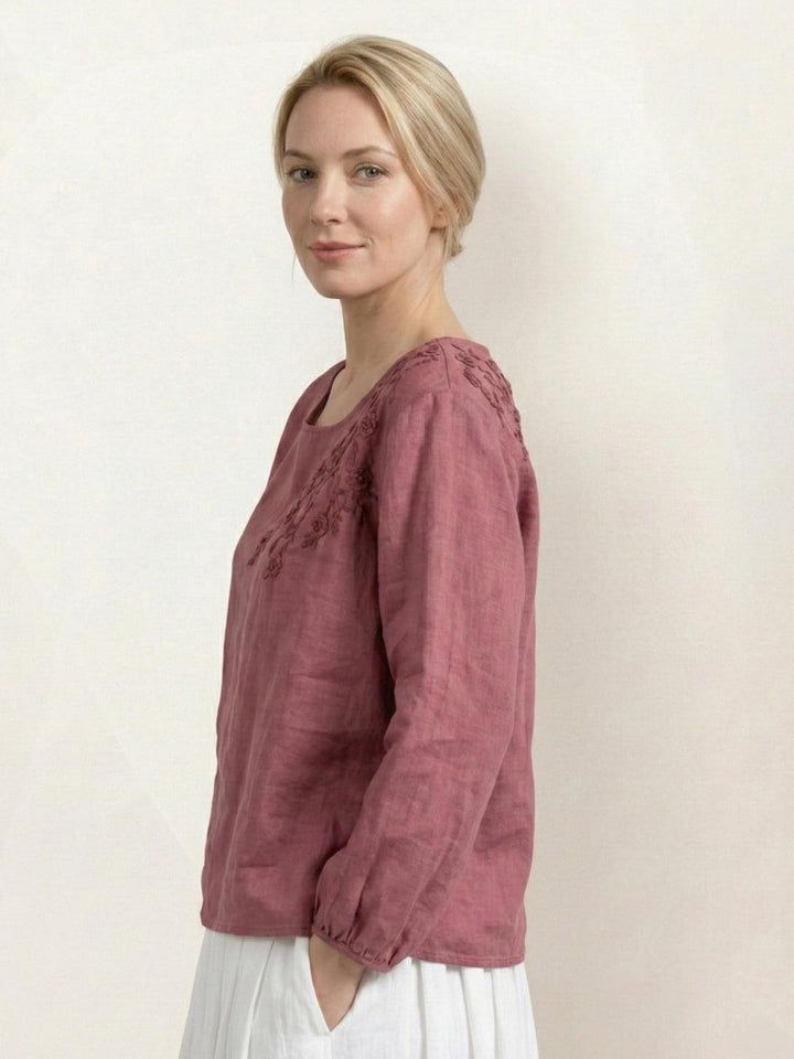 100% Cotton-Linen Embroidered Blouse