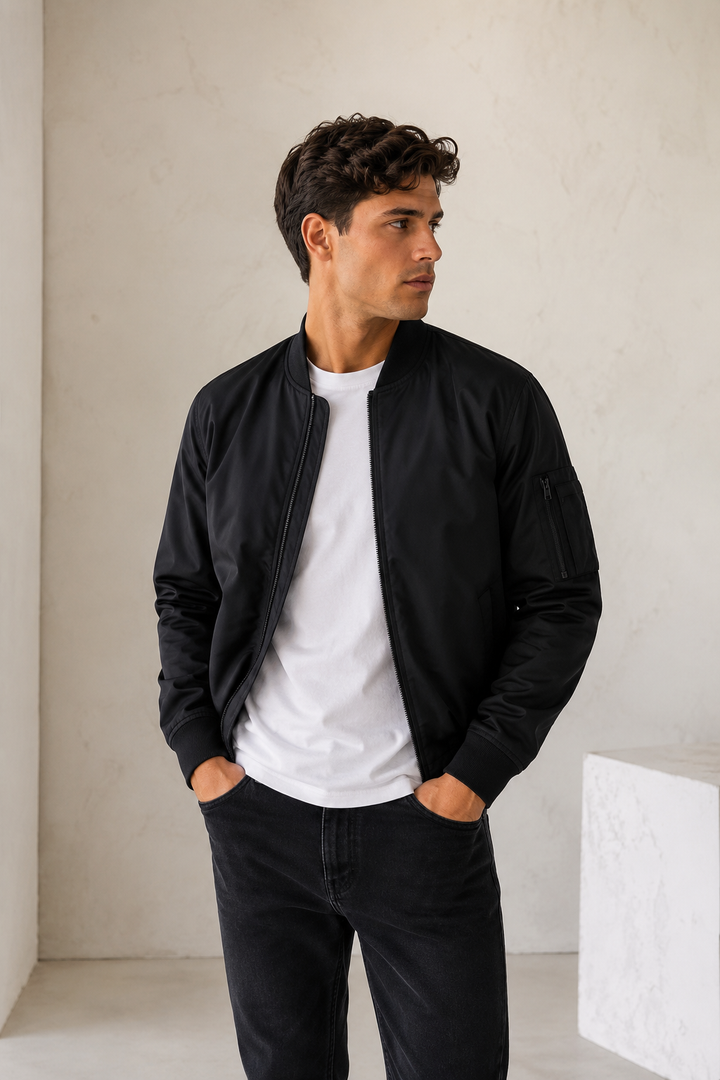 Men's Bomber Jacket with Zipper and Ribbed Details