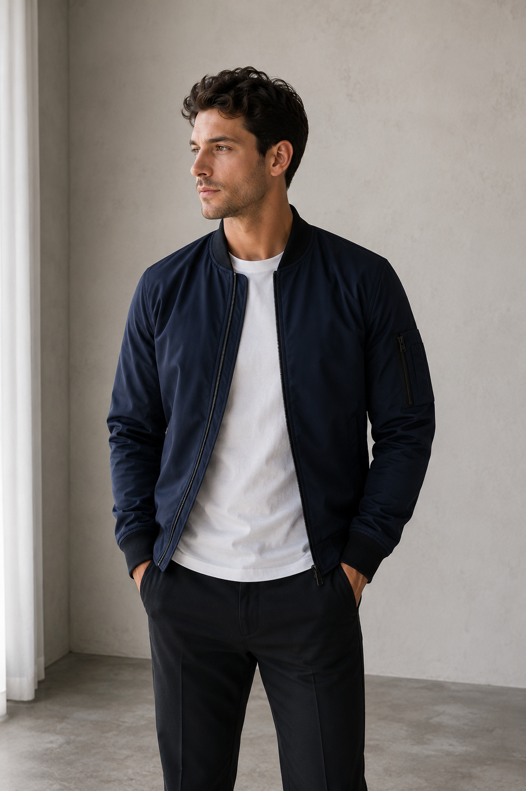 Men's Bomber Jacket with Zipper and Ribbed Details