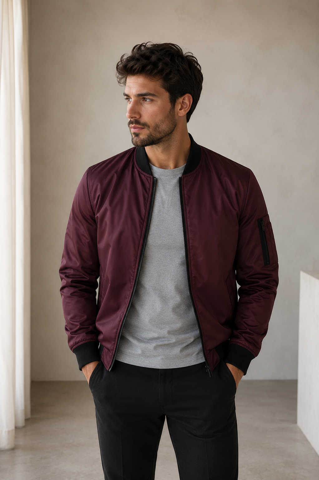 Men's Bomber Jacket with Zipper and Ribbed Details