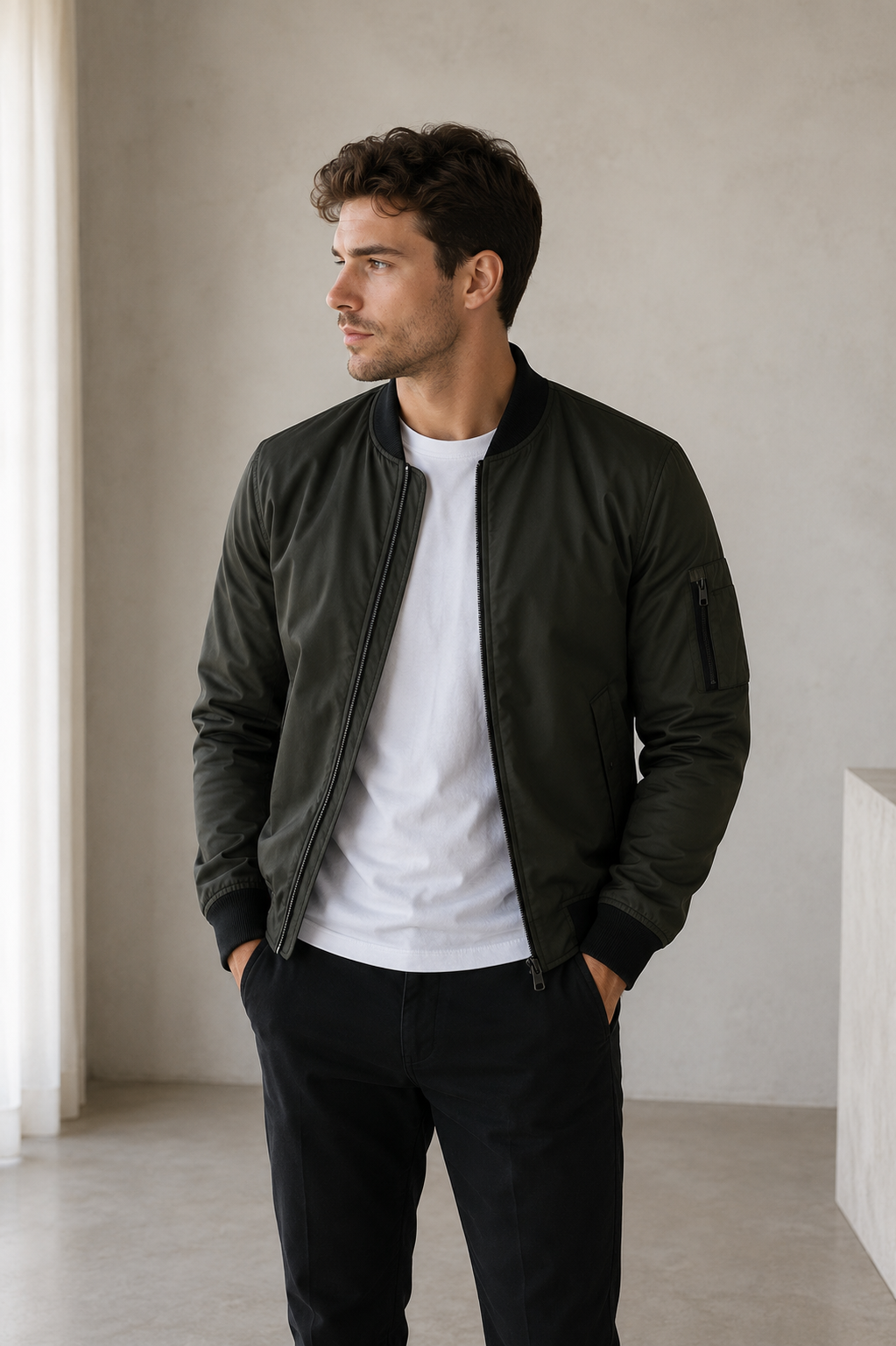 Men's Bomber Jacket with Zipper and Ribbed Details