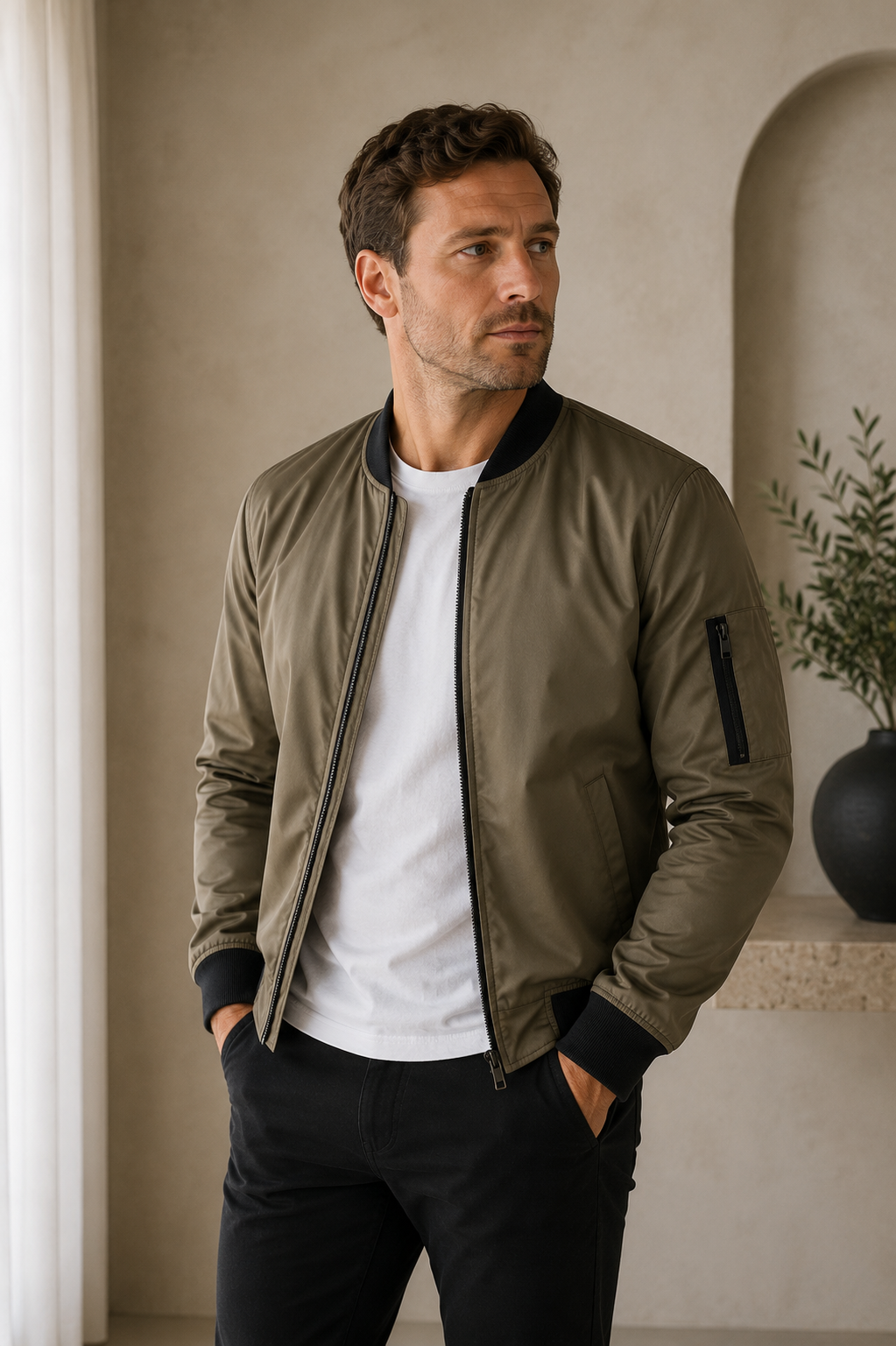 Men's Bomber Jacket with Zipper and Ribbed Details