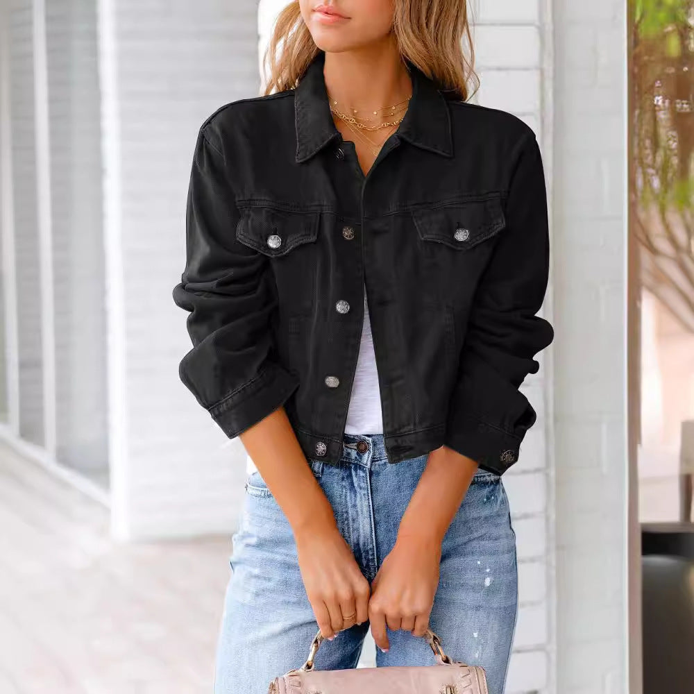 Cropped Relaxed Fit Denim Jacket with Chest Pockets