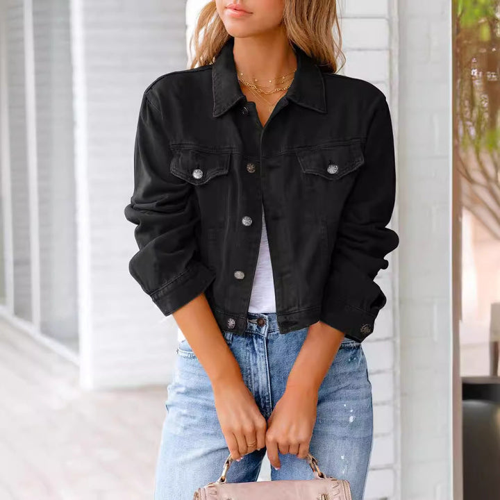 Cropped Relaxed Fit Denim Jacket with Chest Pockets