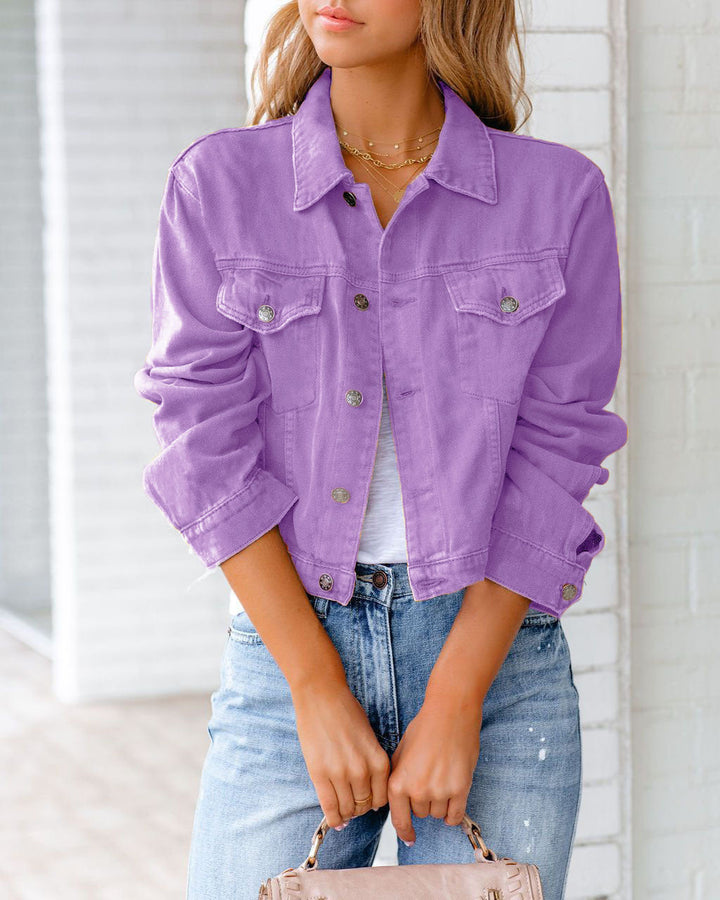 Cropped Relaxed Fit Denim Jacket with Chest Pockets