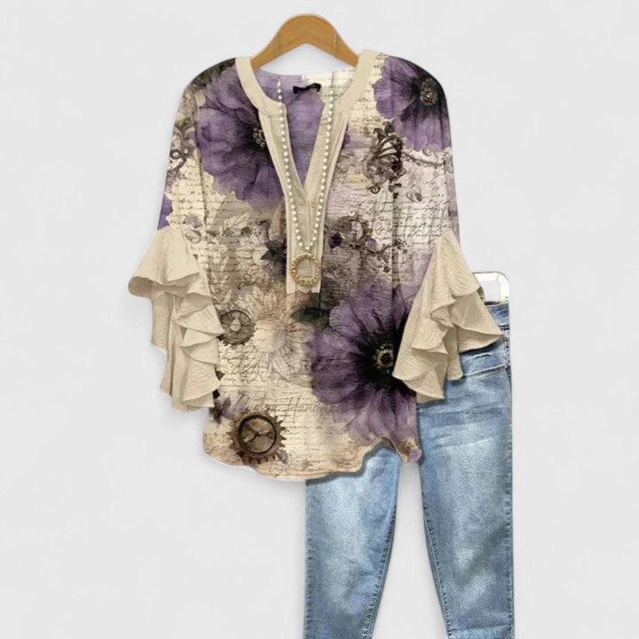 Elegant Ruffle Sleeve Floral Blouse