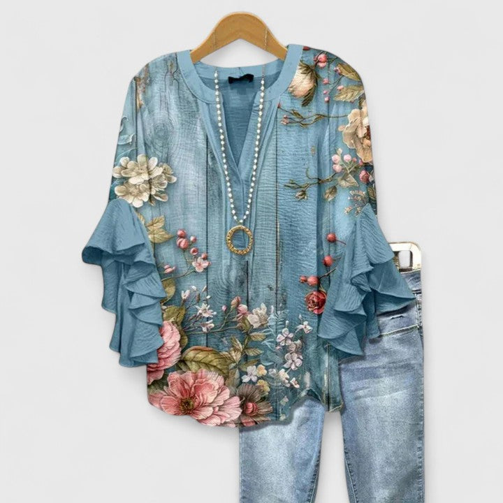 Elegant Ruffle Sleeve Floral Blouse