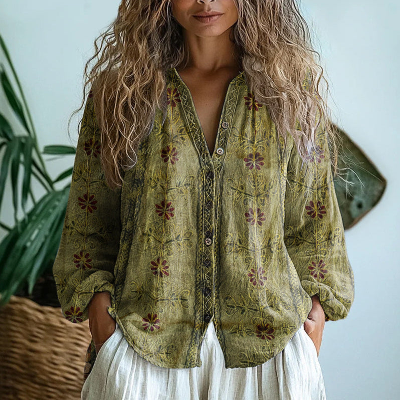 Elegant Vintage Leaf Print Shirt