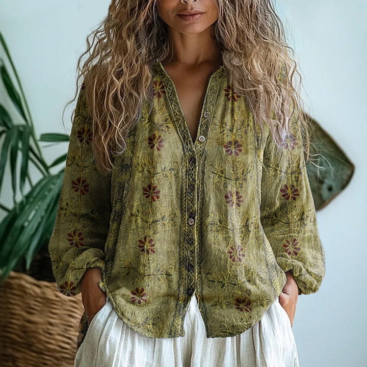 Elegant Vintage Leaf Print Shirt