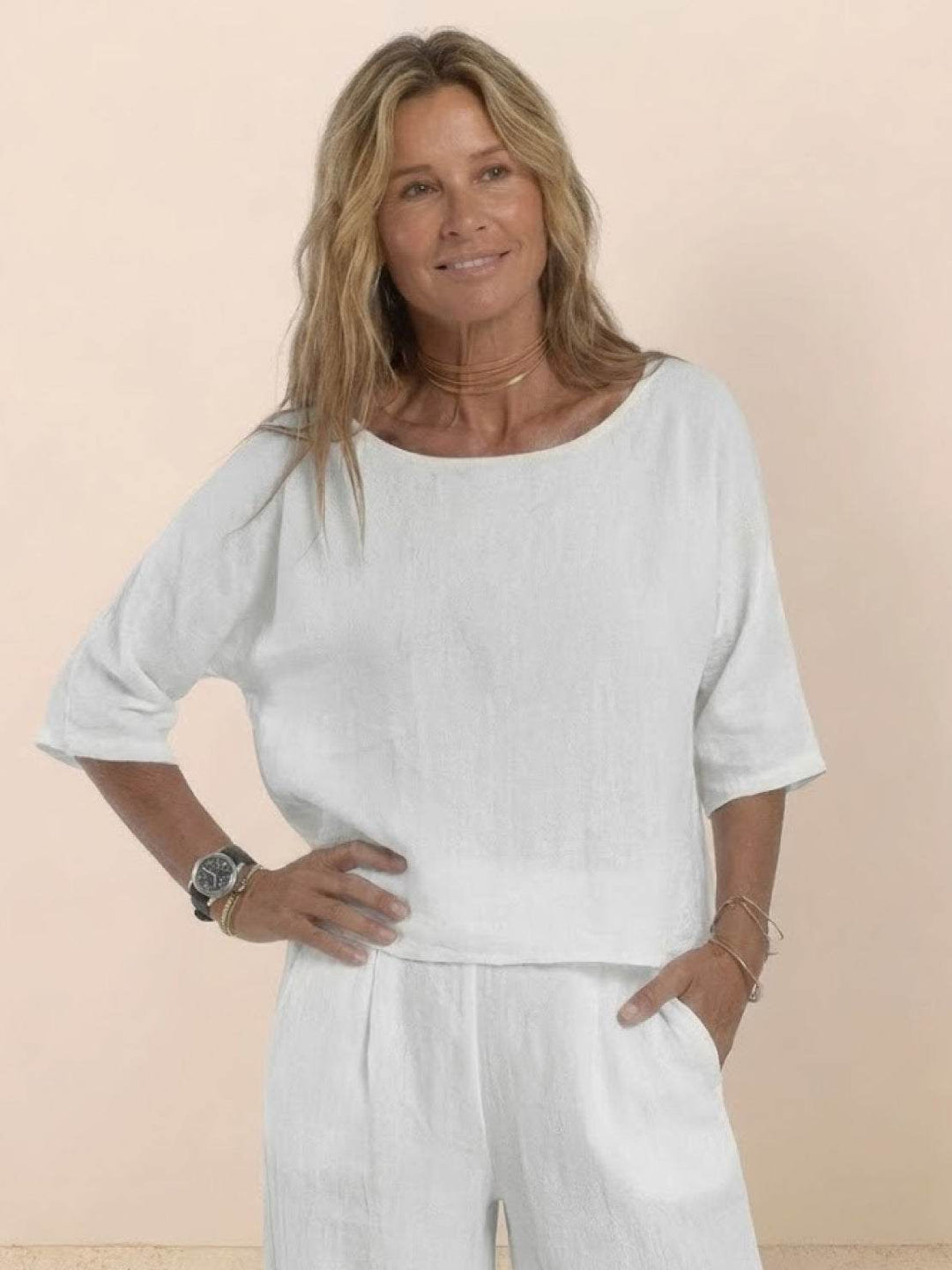At Ease & Down to Earth: Short-sleeved Pullover & Wide Trouser Matching Set