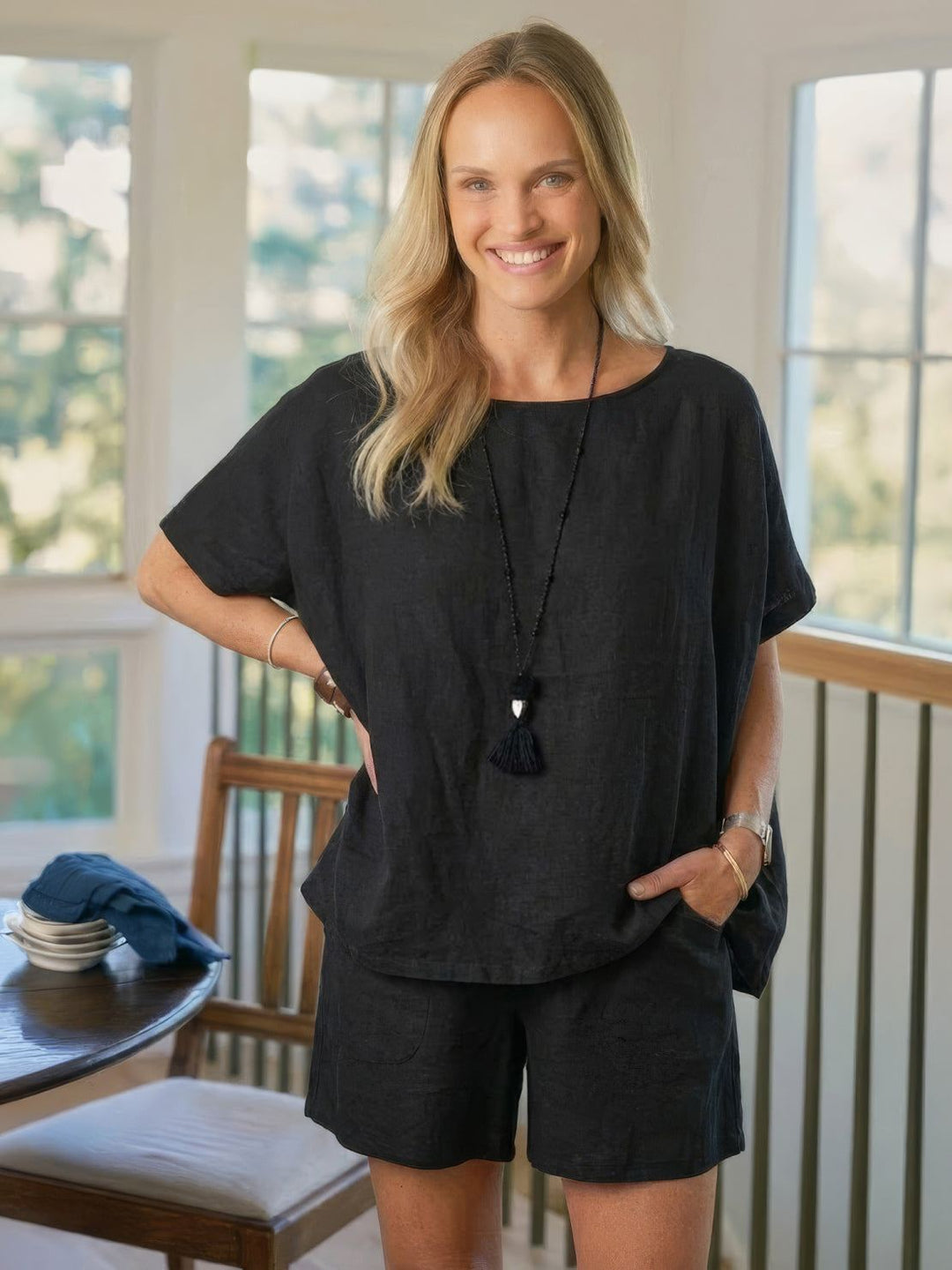 Comfy Linen-like Shirt & Shorts Two-Piece Set