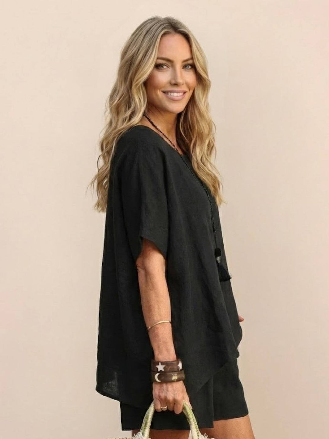 Comfy Linen-like Shirt & Shorts Two-Piece Set