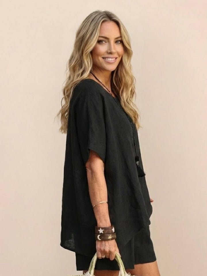 Comfy Linen-like Shirt & Shorts Two-Piece Set