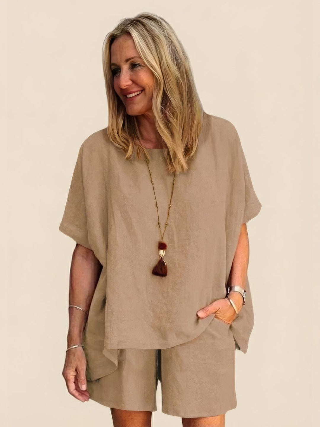 Comfy Linen-like Shirt & Shorts Two-Piece Set