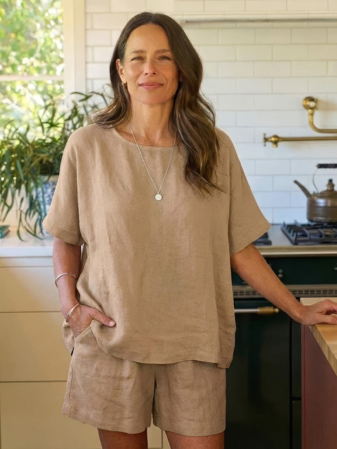 Comfy Linen-like Shirt & Shorts Two-Piece Set