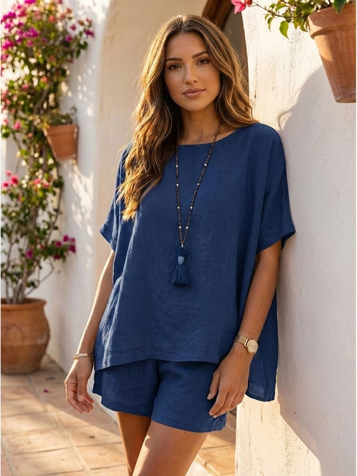Comfy Linen-like Shirt & Shorts Two-Piece Set
