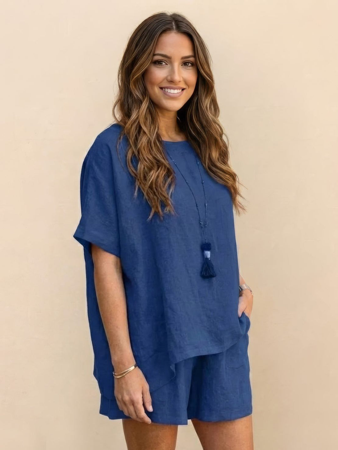 Comfy Linen-like Shirt & Shorts Two-Piece Set