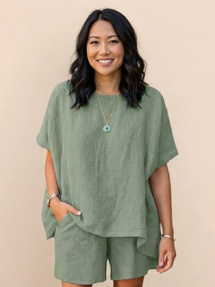 Comfy Linen-like Shirt & Shorts Two-Piece Set