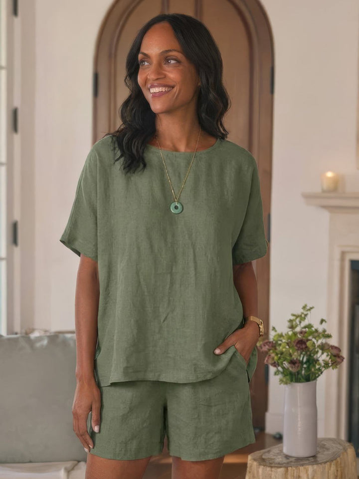Comfy Linen-like Shirt & Shorts Two-Piece Set