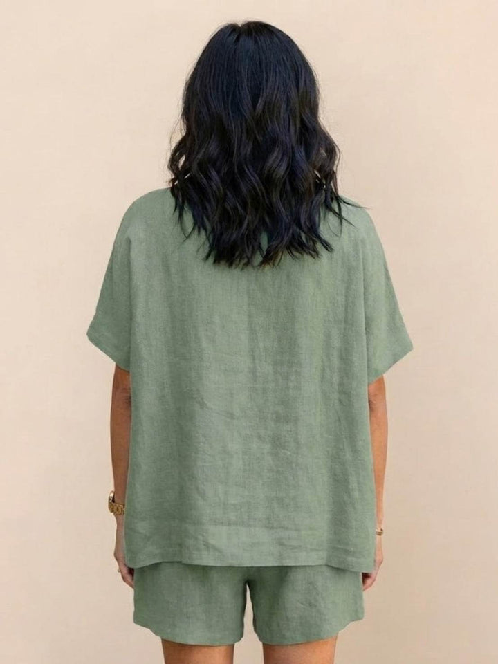 Comfy Linen-like Shirt & Shorts Two-Piece Set