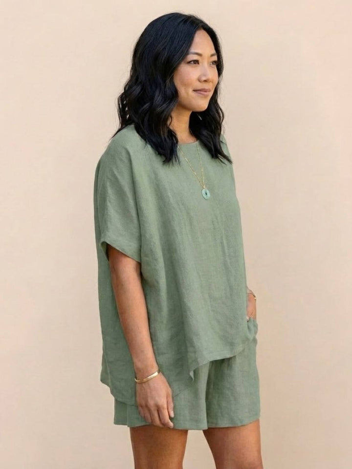 Comfy Linen-like Shirt & Shorts Two-Piece Set