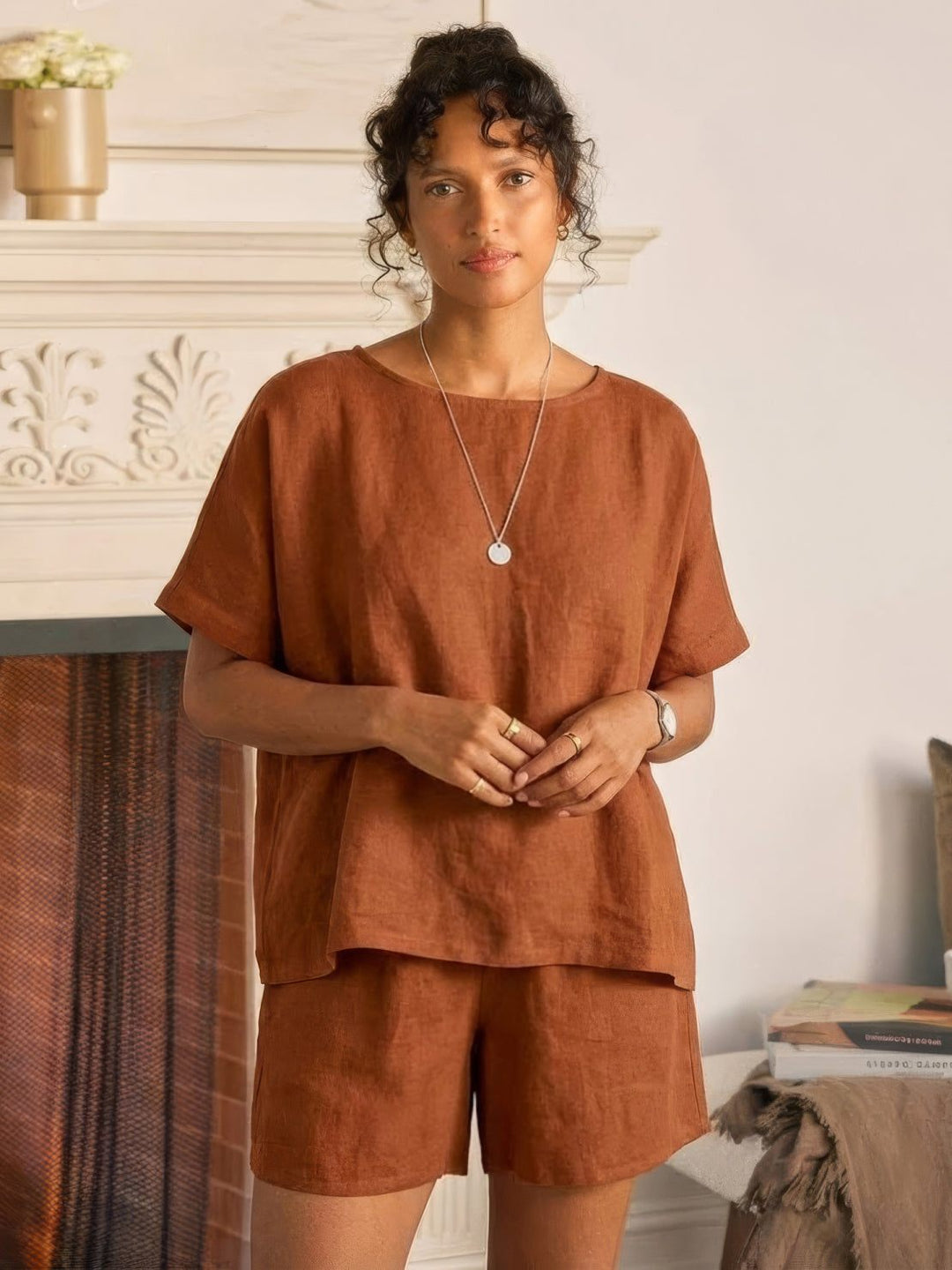 Comfy Linen-like Shirt & Shorts Two-Piece Set