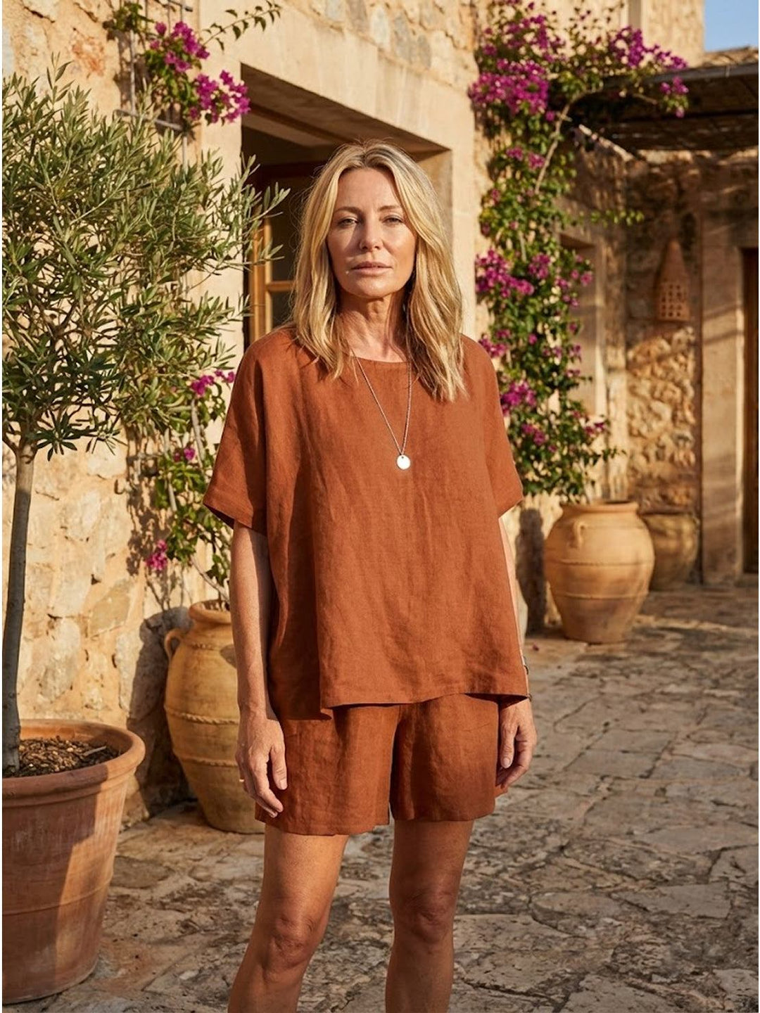 Comfy Linen-like Shirt & Shorts Two-Piece Set