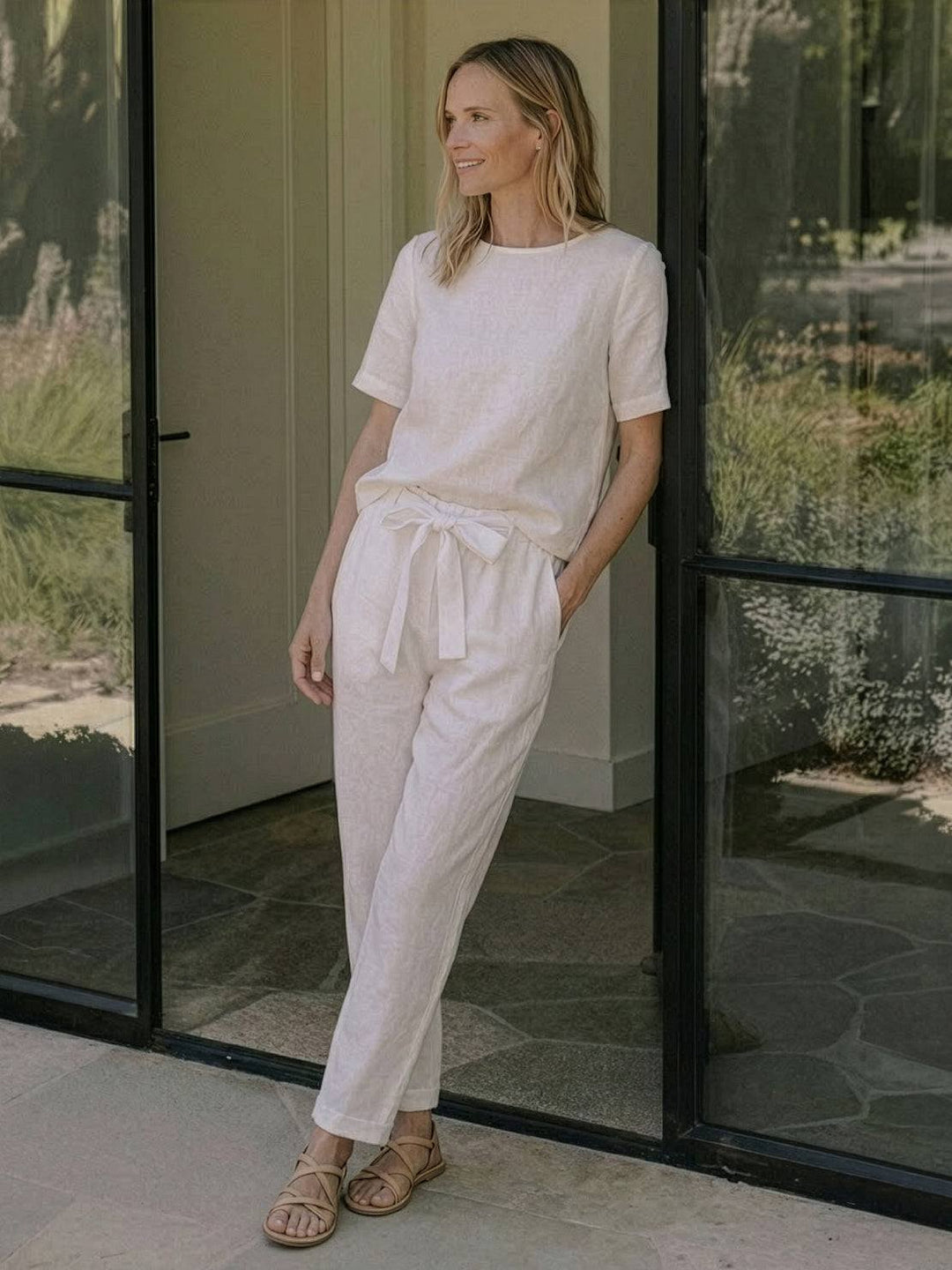 Cotton-Linen Blend Monochrome Two-Piece Set