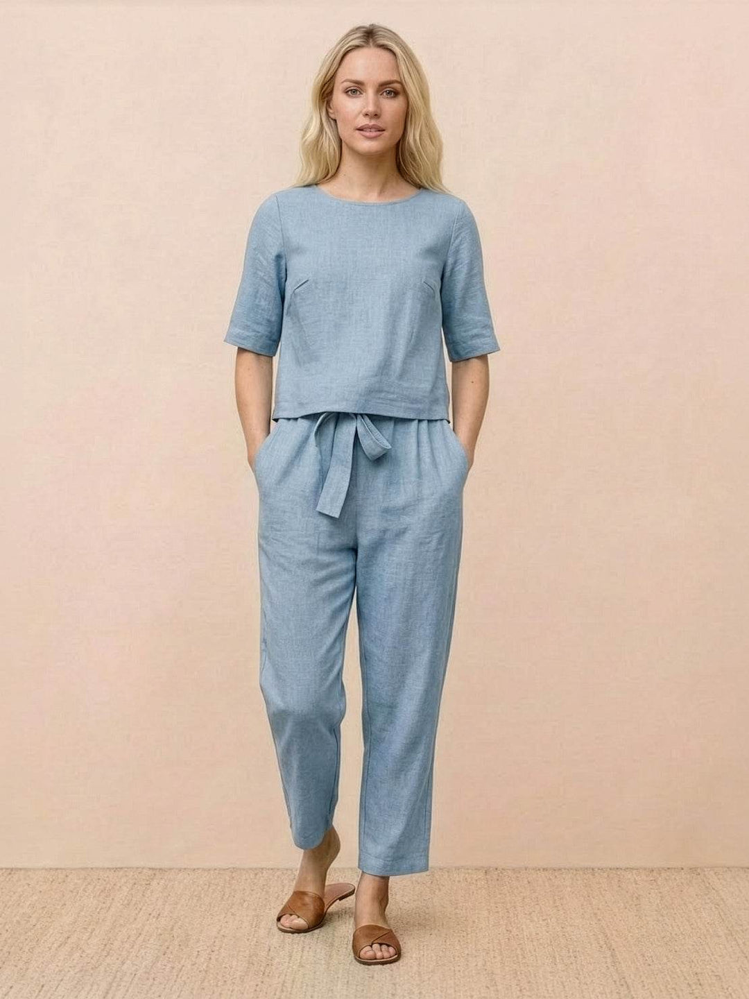 Cotton-Linen Blend Monochrome Two-Piece Set